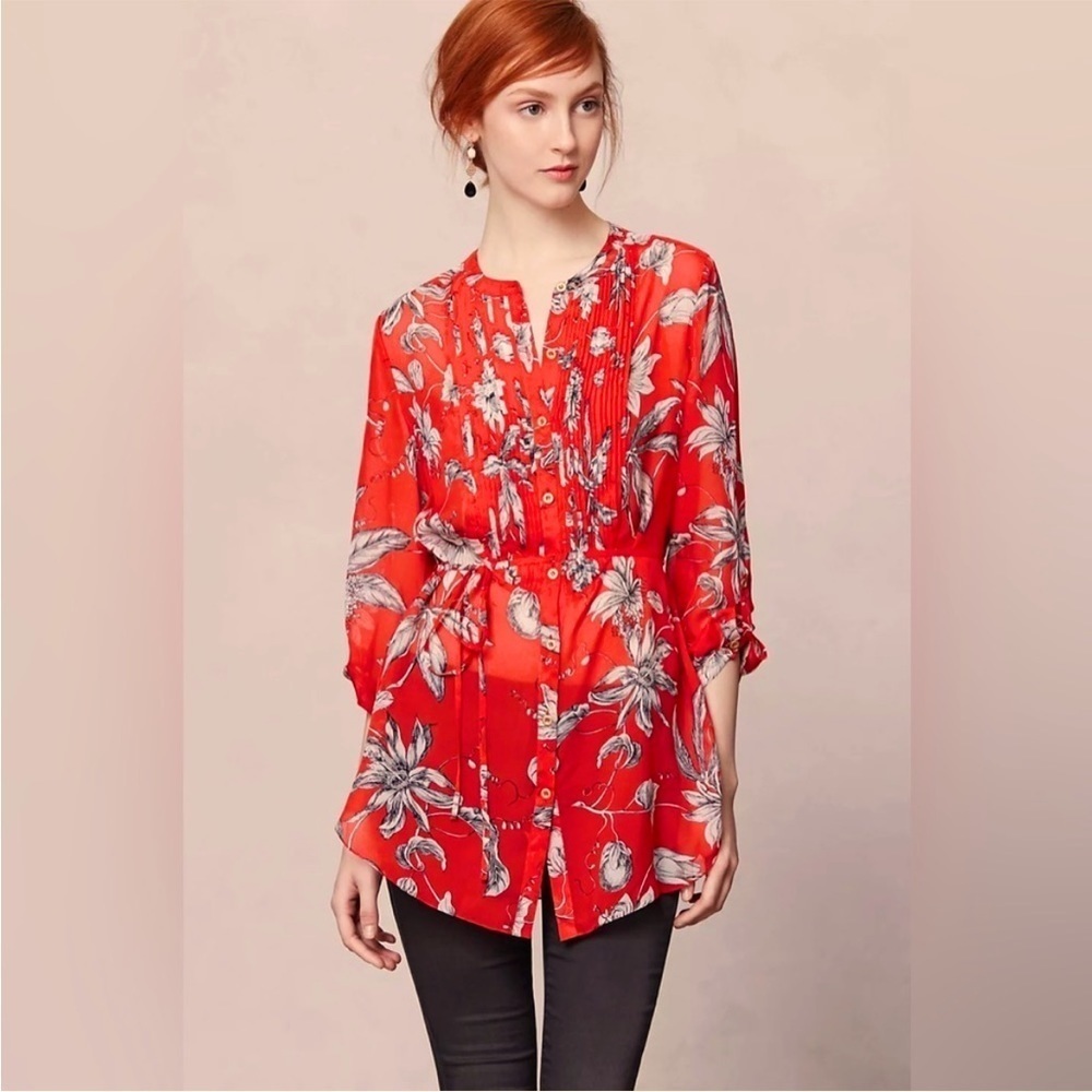 Anthropologie Leifsdottir Silk Cattleya Tunic, Tie Waist Semi Sheer Floral Sz 8